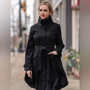 NWT Samuel Dong Black Pleated Belted Bubble Trench Coat Pockets Zipper Size S